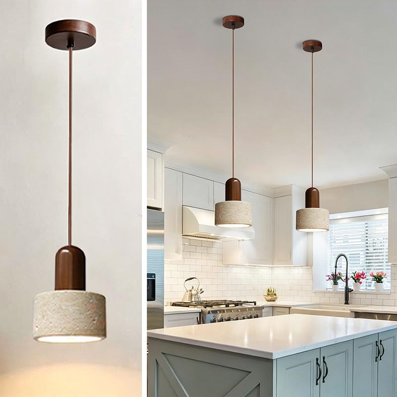 Wabi Sabi Pendant Light Modern Solid Wood & Travertine Lampshade
